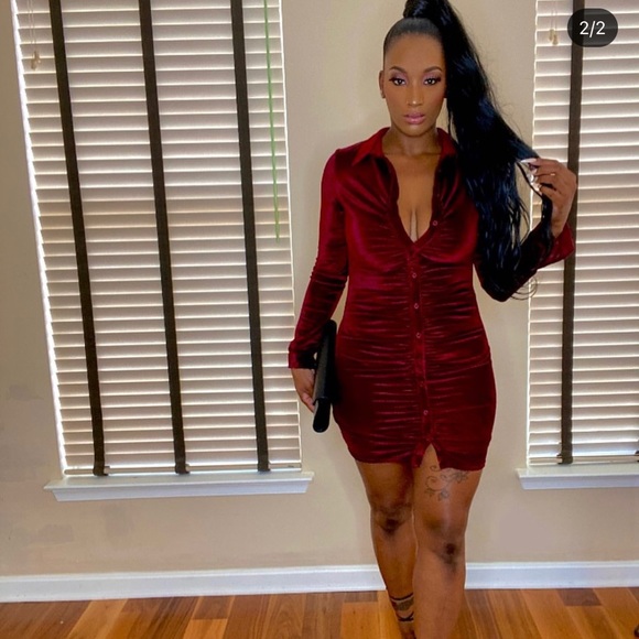 BURGUNDY VELVET CORDUROY SHIRT MINI DRESS - Picture 3 of 4